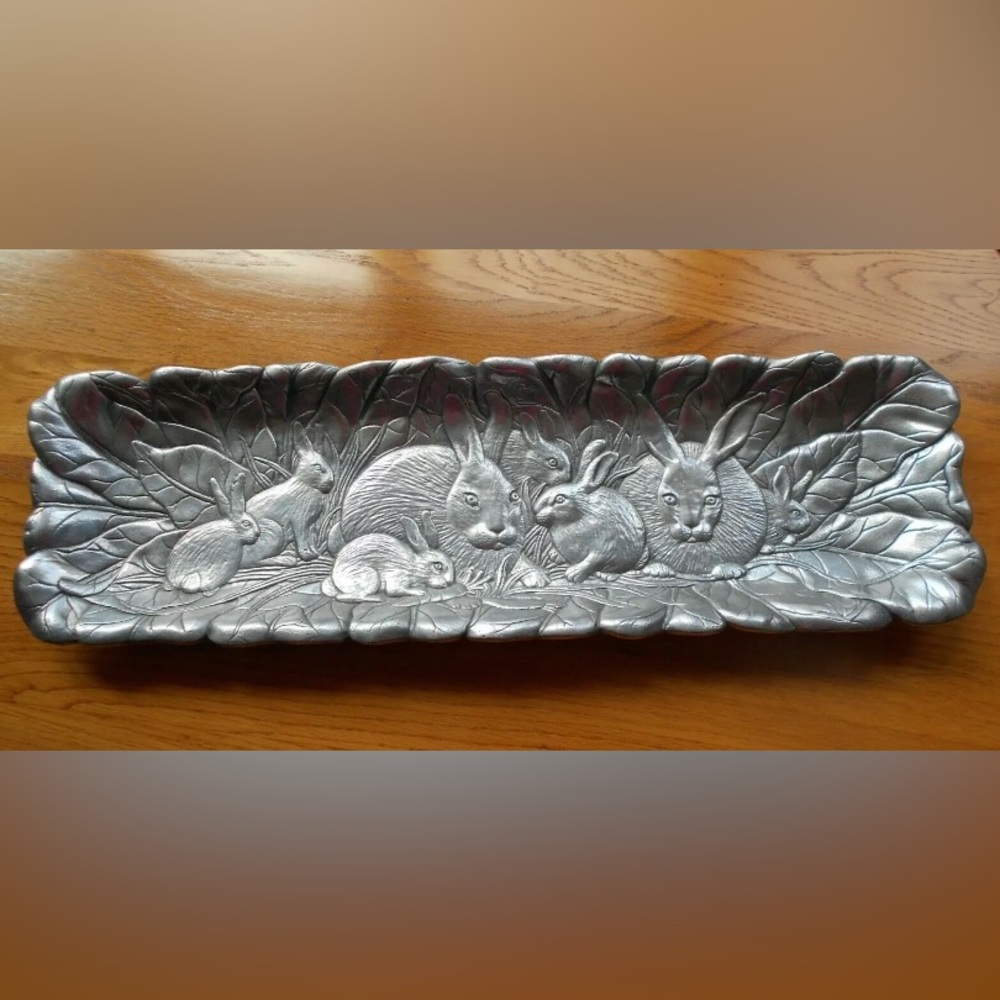 Arthur Court Aluminum Bunny Rabbit Large Rectangular Tray, Bunny Easter Decor